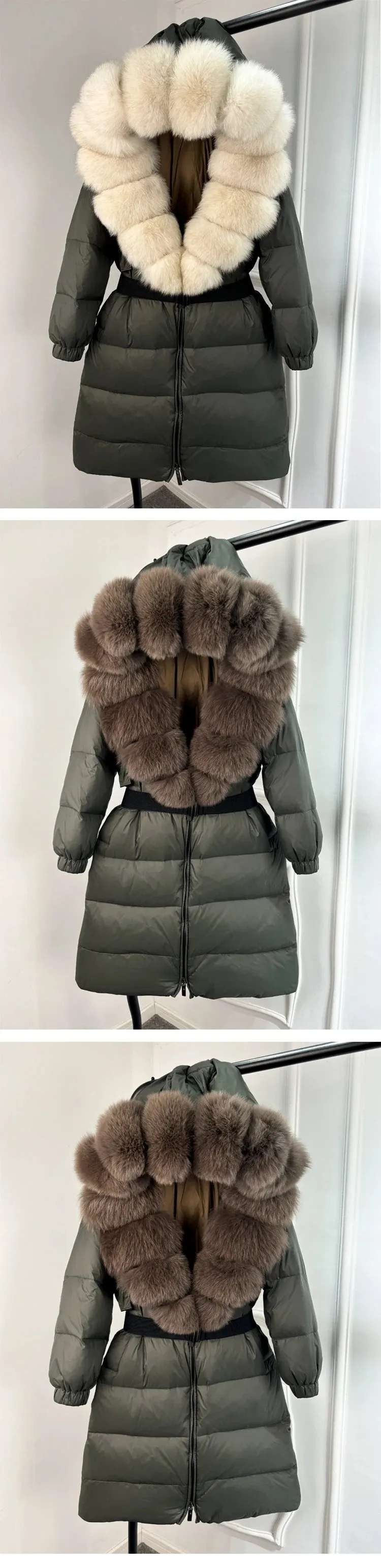 Long Winter Coat. Real Big Fox Fur Collar Belt Loose Puffer