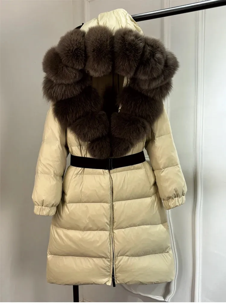Long Winter Coat. Real Big Fox Fur Collar Belt Loose Puffer