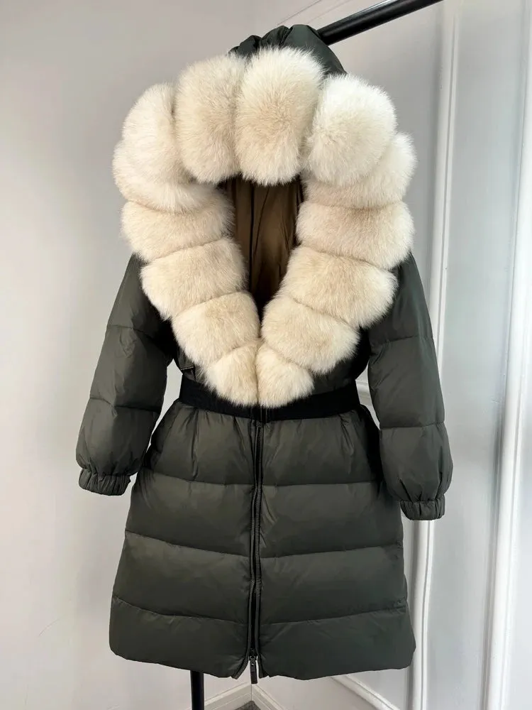 Long Winter Coat. Real Big Fox Fur Collar Belt Loose Puffer