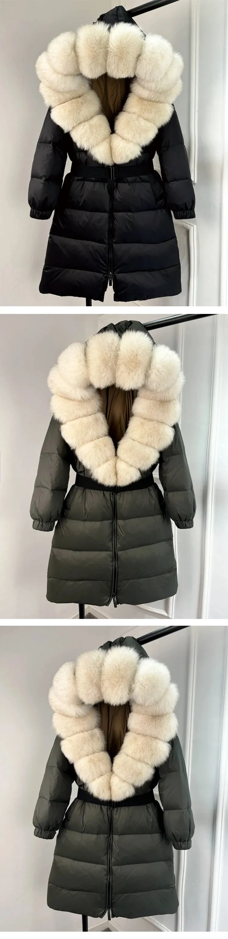 Long Winter Coat. Real Big Fox Fur Collar Belt Loose Puffer