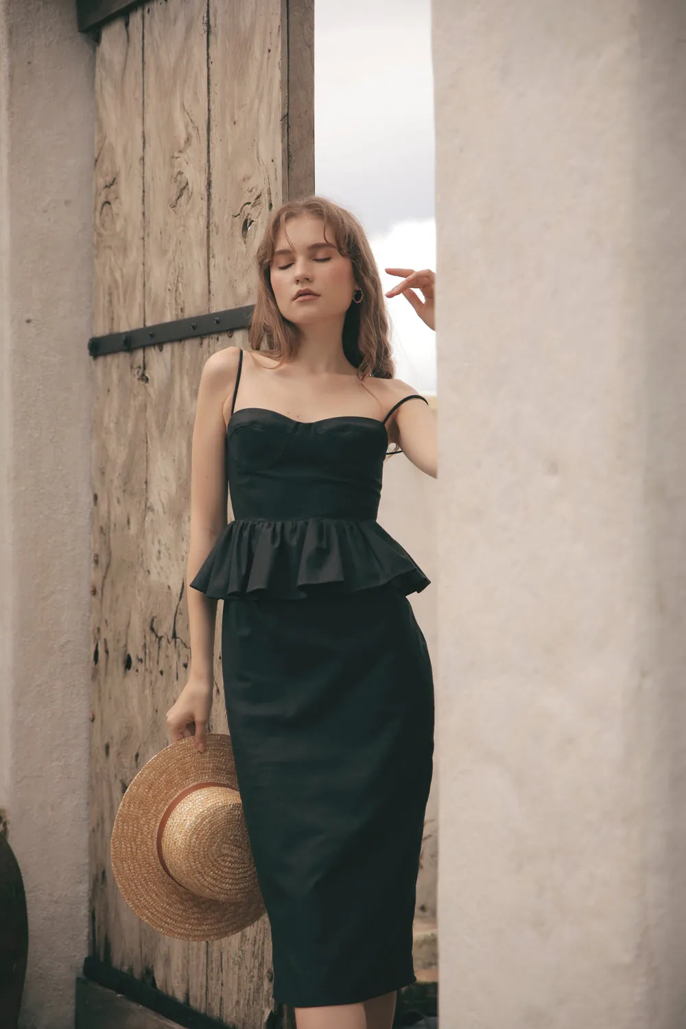 MARBELLA Sweetheart Cut Neckline Midi Dress with Peplum Detail (Black Linen)
