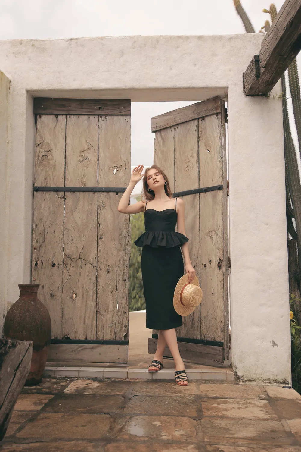 MARBELLA Sweetheart Cut Neckline Midi Dress with Peplum Detail (Black Linen)