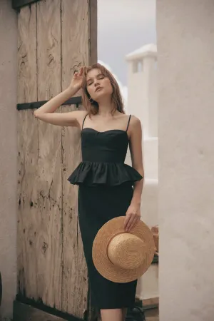 MARBELLA Sweetheart Cut Neckline Midi Dress with Peplum Detail (Black Linen)