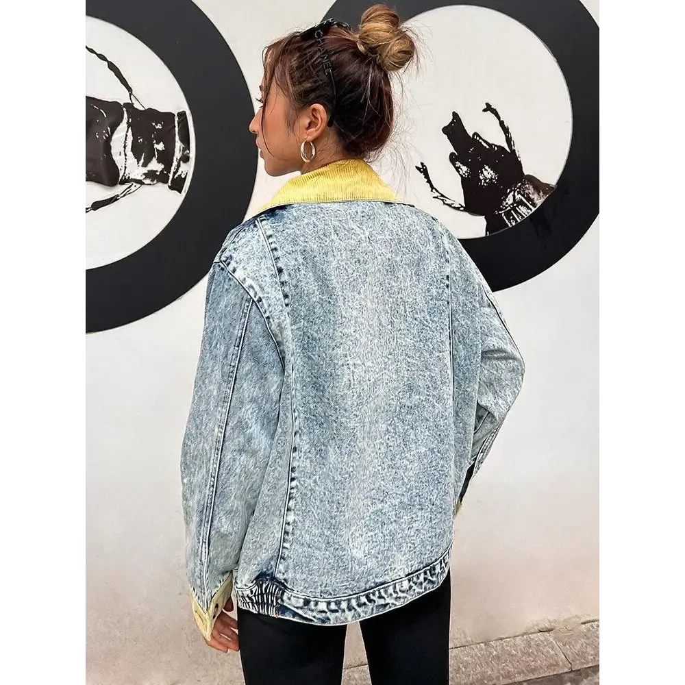 Mid-Wash Denim Jacket with Classic Collar and Unique Patchwork Design