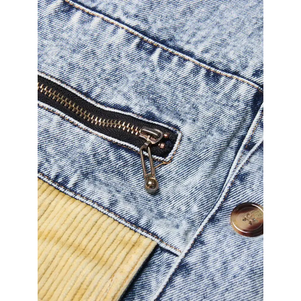 Mid-Wash Denim Jacket with Classic Collar and Unique Patchwork Design