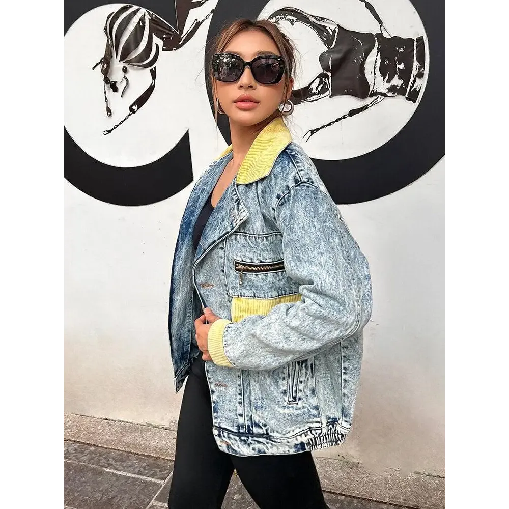 Mid-Wash Denim Jacket with Classic Collar and Unique Patchwork Design