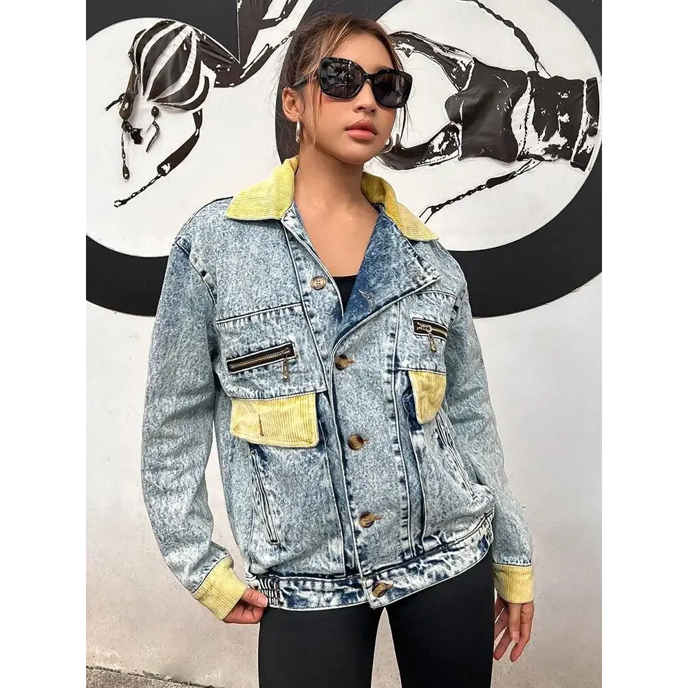 Mid-Wash Denim Jacket with Classic Collar and Unique Patchwork Design