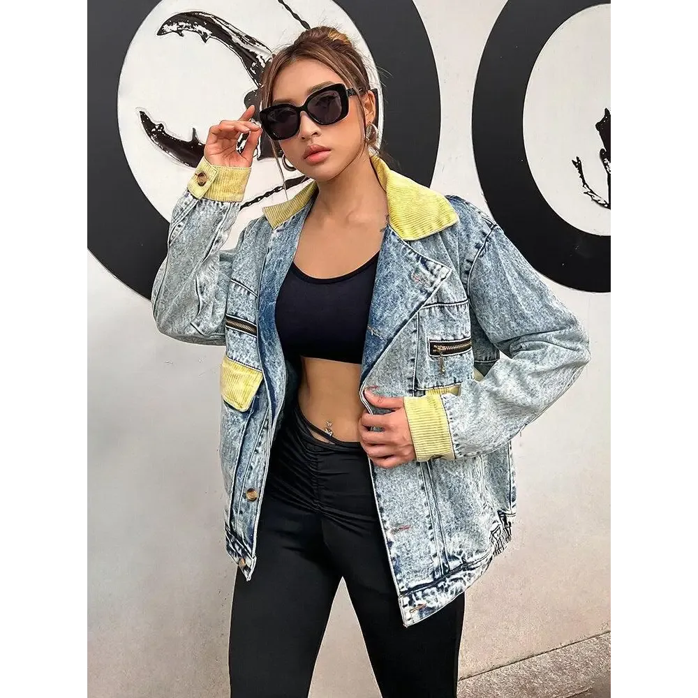 Mid-Wash Denim Jacket with Classic Collar and Unique Patchwork Design