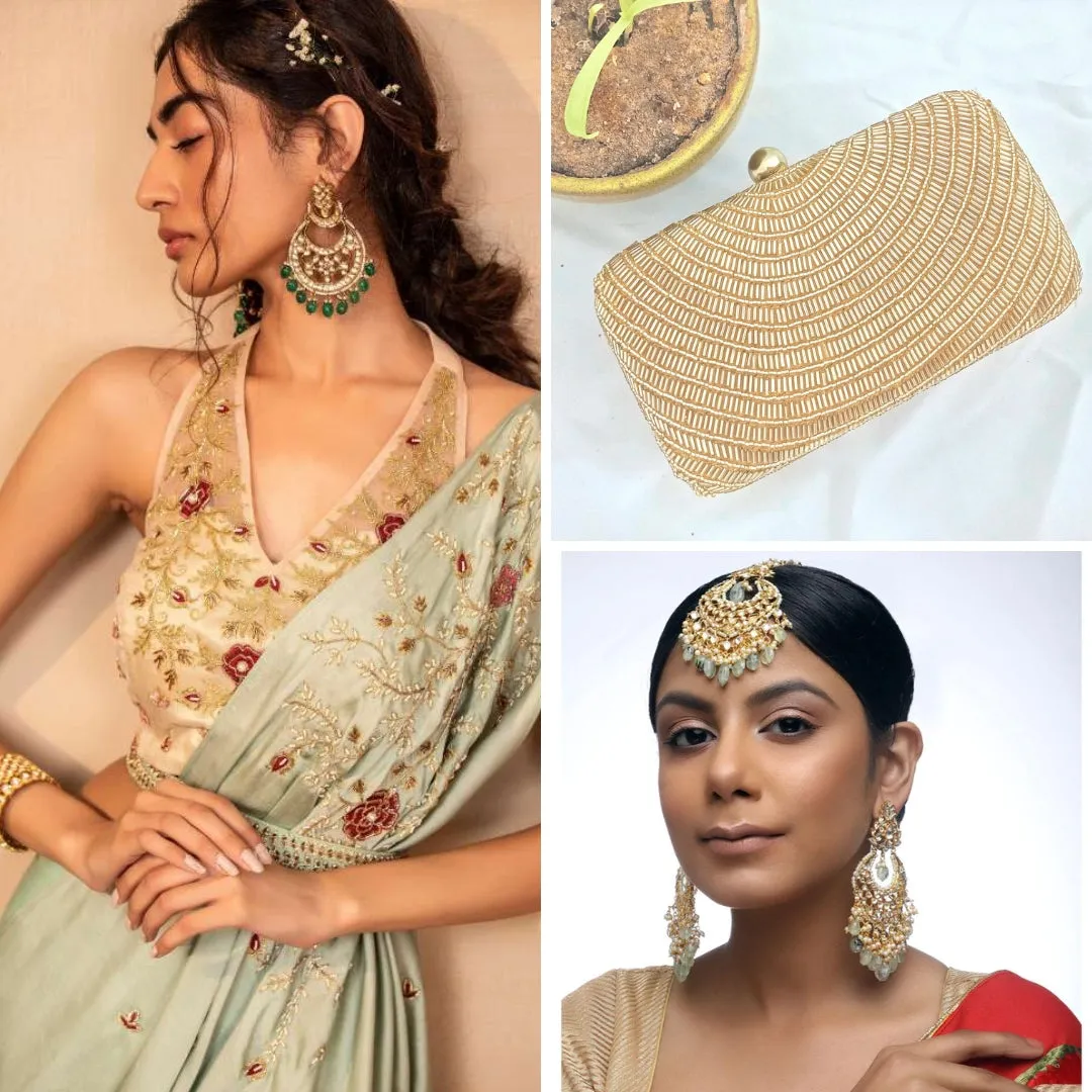 Mint Drape Saree with Gold Organza Blouse for   Classic Pearl Clutch   Kundan Teeka With Earrings