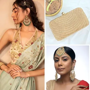 Mint Drape Saree with Gold Organza Blouse for   Classic Pearl Clutch   Kundan Teeka With Earrings