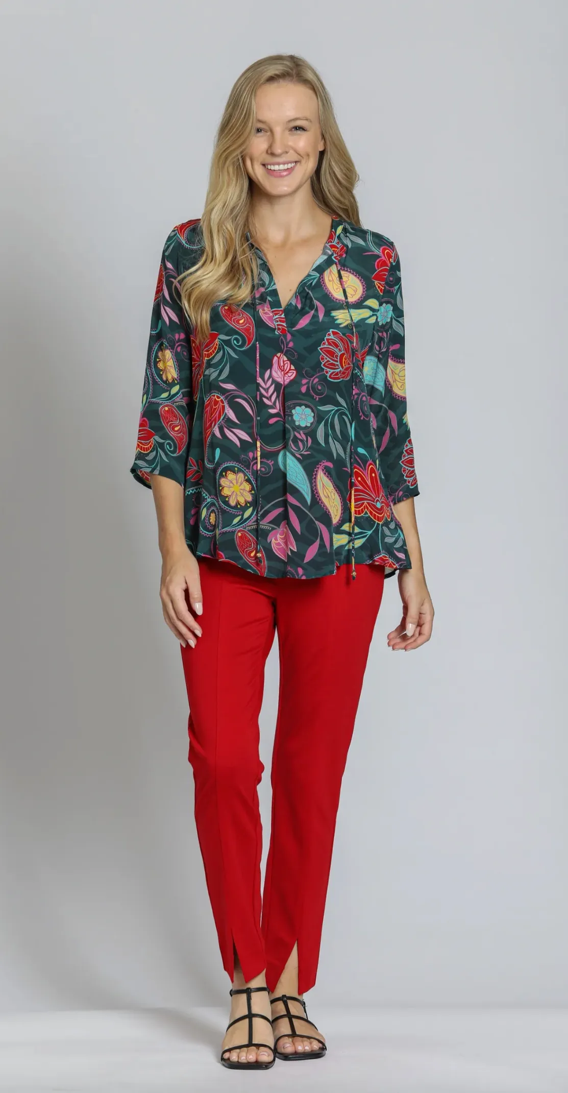 Multi Red/Yellow V-Neck Blouse w/ Tassel