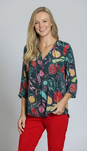 Multi Red/Yellow V-Neck Blouse w/ Tassel