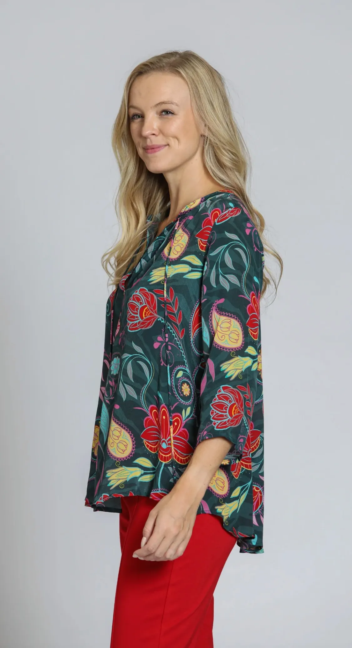 Multi Red/Yellow V-Neck Blouse w/ Tassel