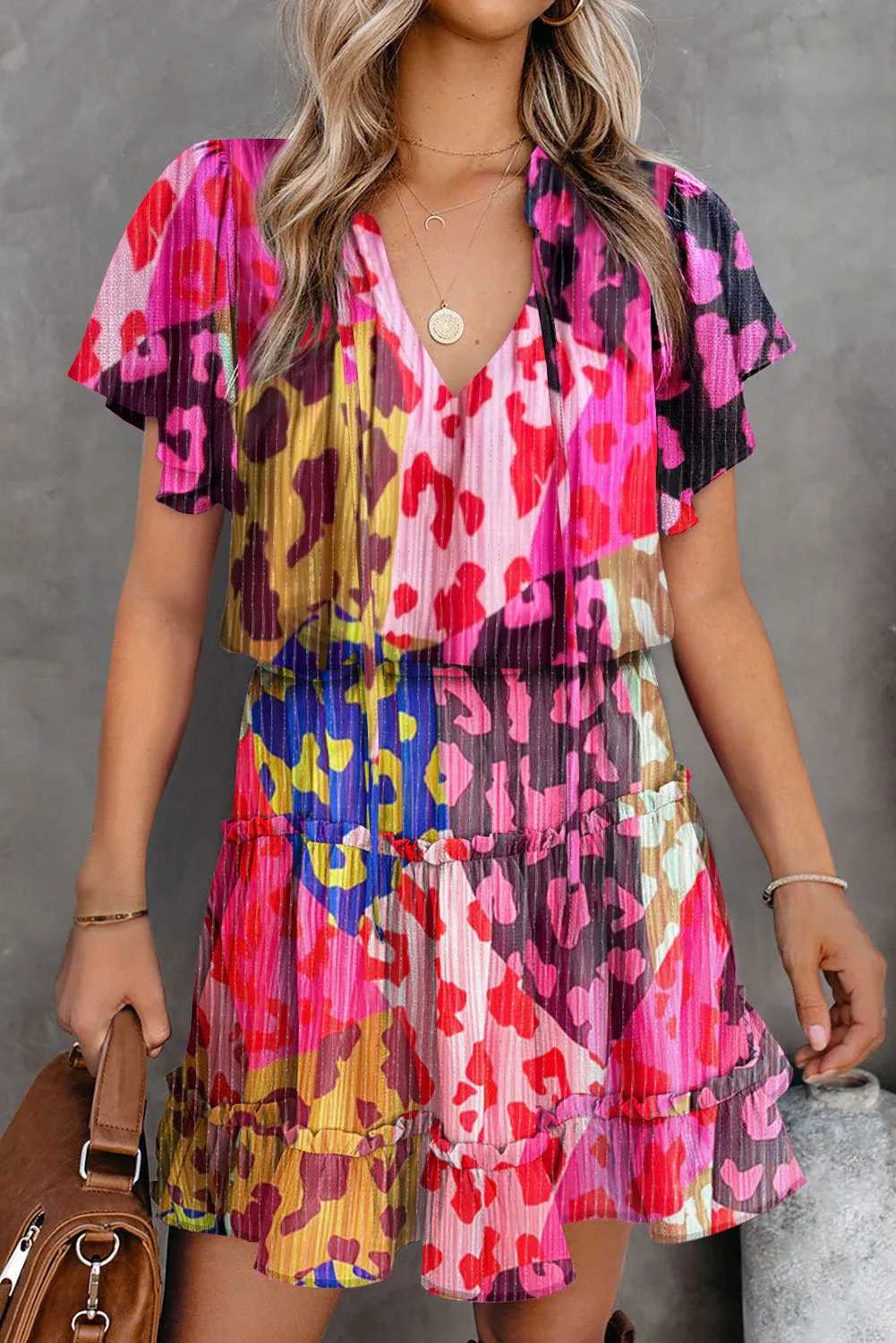 Multicolour Leopard Flutter Sleeve V Neck Crinkled Blouse