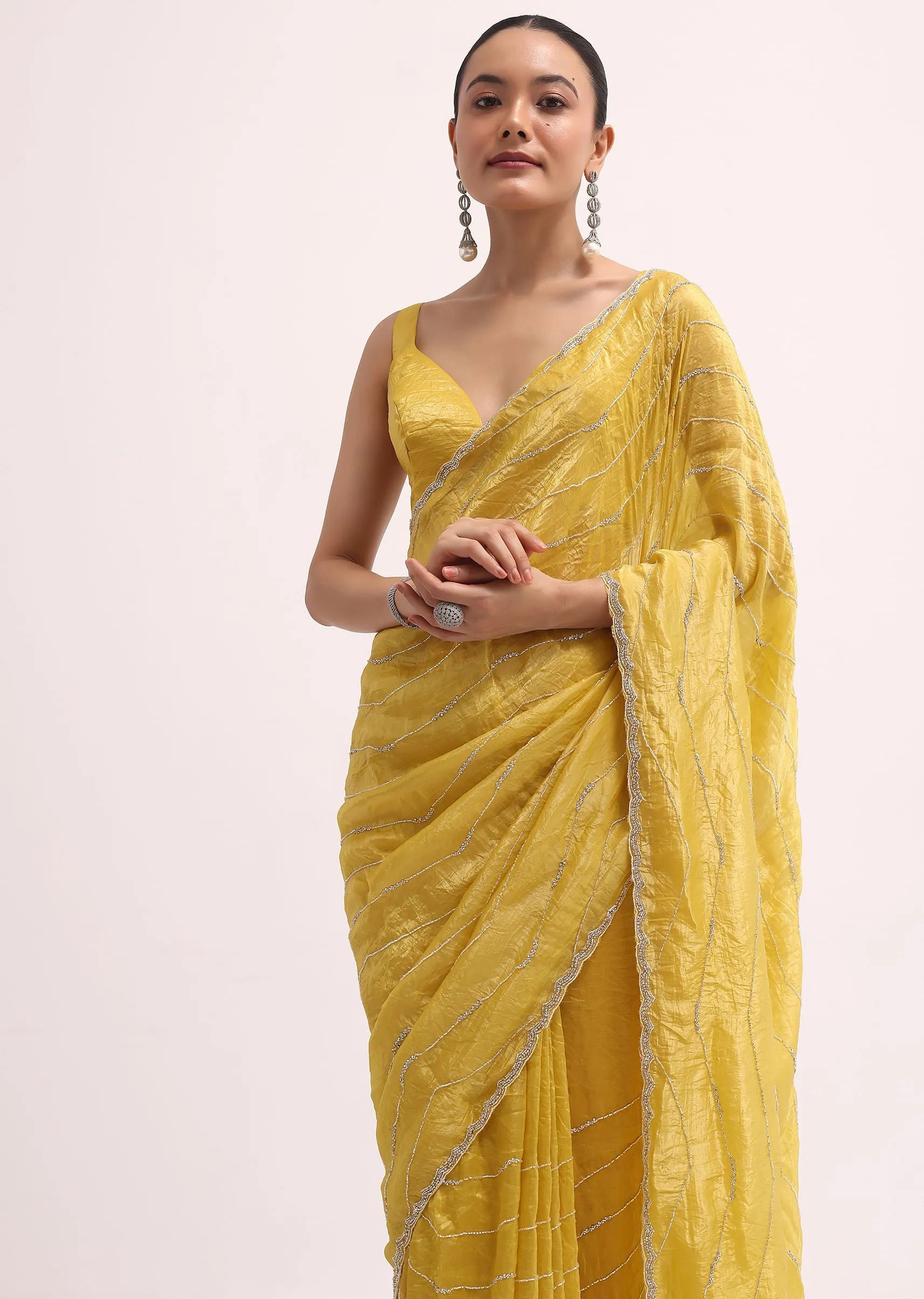 Mustard Yellow Embroidered Crepe Saree