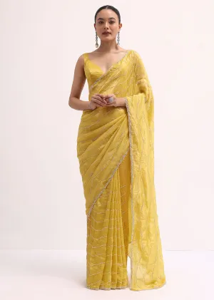 Mustard Yellow Embroidered Crepe Saree