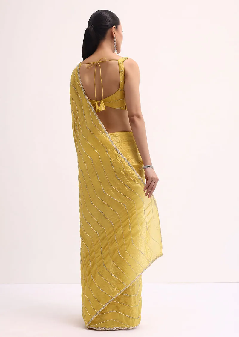 Mustard Yellow Embroidered Crepe Saree