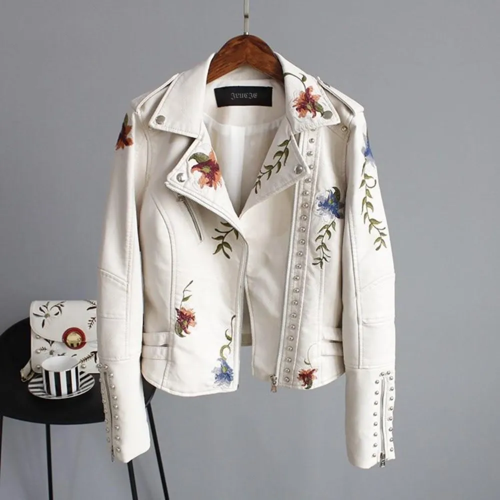 Mystic Florals Leather Jacket - White