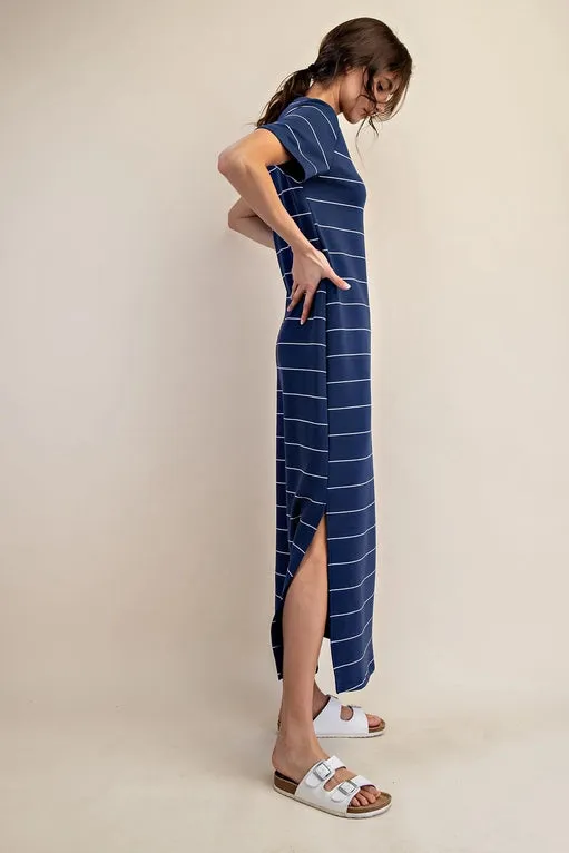 Navy Modal Scuba Stripe Maxi Dress