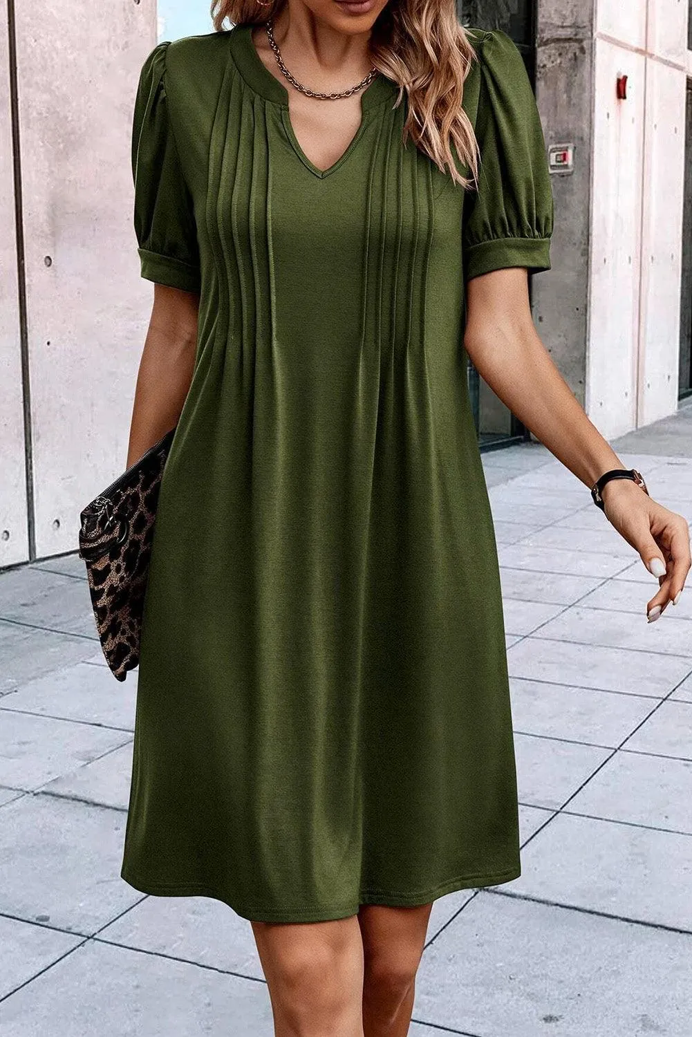 Notched Neck Pleated Puff Sleeve Shift Dress