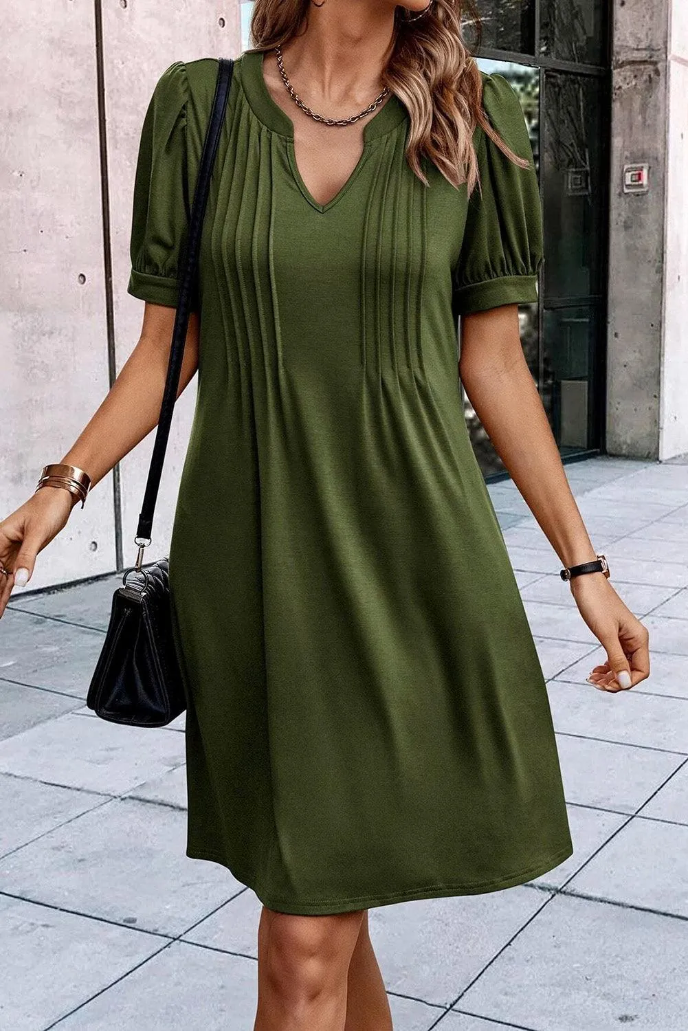 Notched Neck Pleated Puff Sleeve Shift Dress