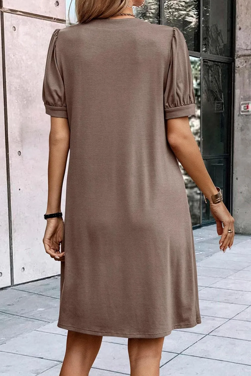 Notched Neck Pleated Puff Sleeve Shift Dress