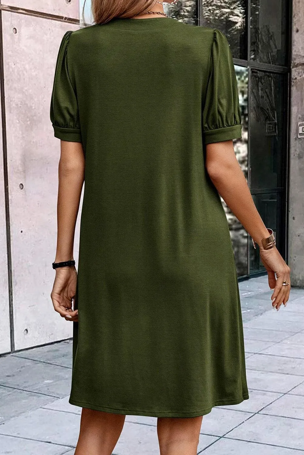 Notched Neck Pleated Puff Sleeve Shift Dress