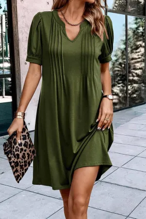 Notched Neck Pleated Puff Sleeve Shift Dress