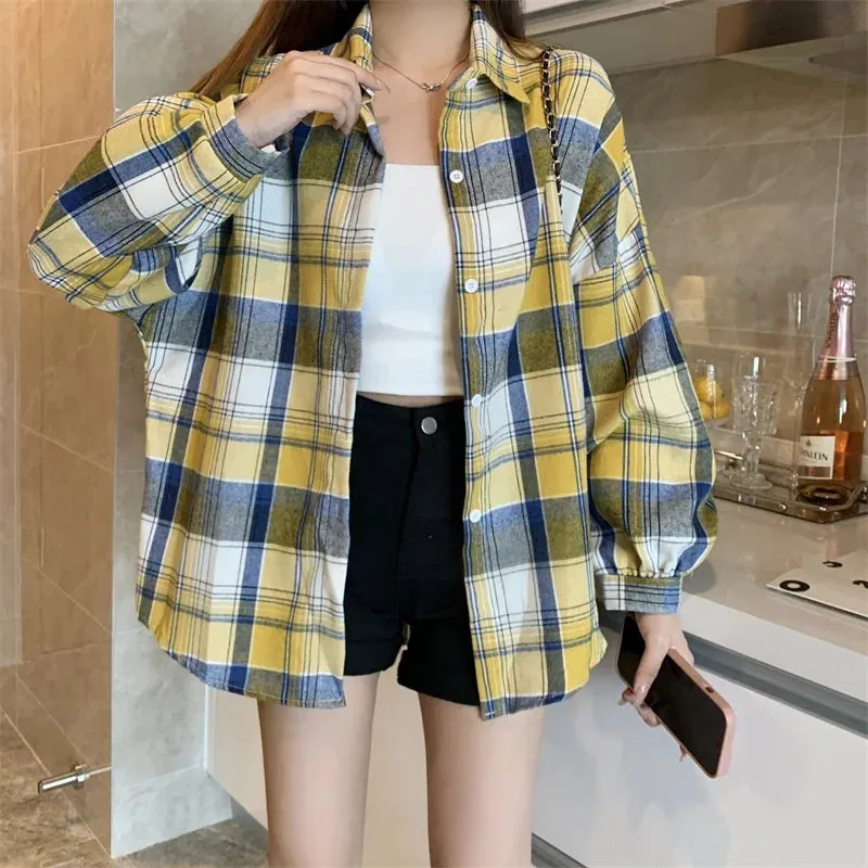 Obsidian Phoenix Women’s Plaid Shirt - Long-Sleeve Vintage Preppy Style Blouse, Single-Breasted and Loose Fit