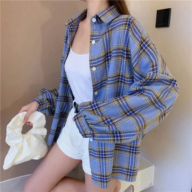 Obsidian Phoenix Women’s Plaid Shirt - Long-Sleeve Vintage Preppy Style Blouse, Single-Breasted and Loose Fit
