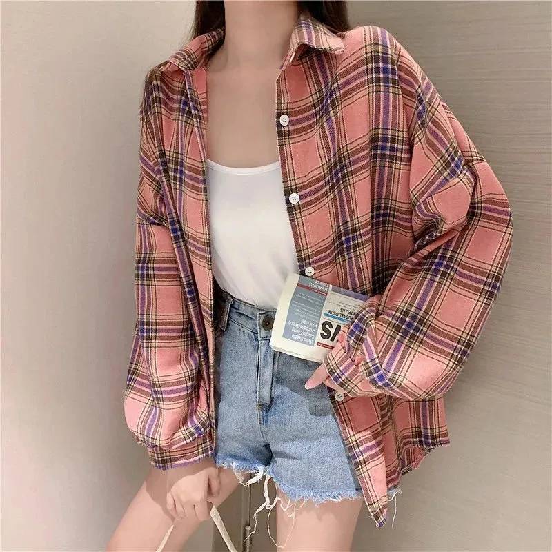 Obsidian Phoenix Women’s Plaid Shirt - Long-Sleeve Vintage Preppy Style Blouse, Single-Breasted and Loose Fit