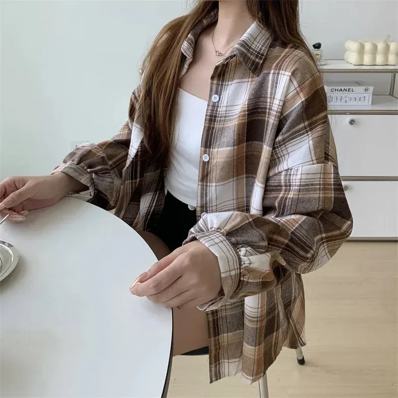 Obsidian Phoenix Women’s Plaid Shirt - Long-Sleeve Vintage Preppy Style Blouse, Single-Breasted and Loose Fit