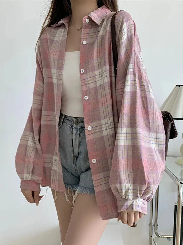 Obsidian Phoenix Women’s Plaid Shirt - Long-Sleeve Vintage Preppy Style Blouse, Single-Breasted and Loose Fit