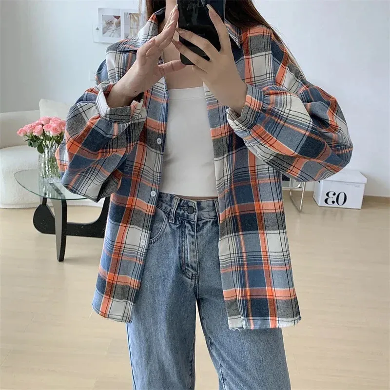 Obsidian Phoenix Women’s Plaid Shirt - Long-Sleeve Vintage Preppy Style Blouse, Single-Breasted and Loose Fit