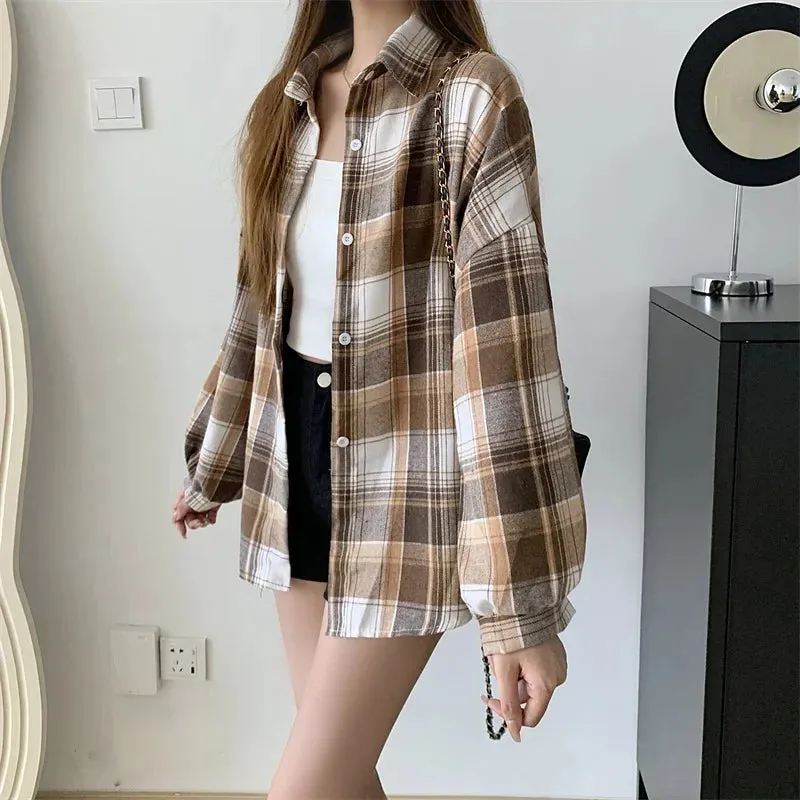 Obsidian Phoenix Women’s Plaid Shirt - Long-Sleeve Vintage Preppy Style Blouse, Single-Breasted and Loose Fit