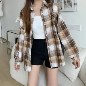 Obsidian Phoenix Women’s Plaid Shirt - Long-Sleeve Vintage Preppy Style Blouse, Single-Breasted and Loose Fit