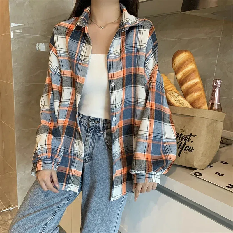 Obsidian Phoenix Women’s Plaid Shirt - Long-Sleeve Vintage Preppy Style Blouse, Single-Breasted and Loose Fit