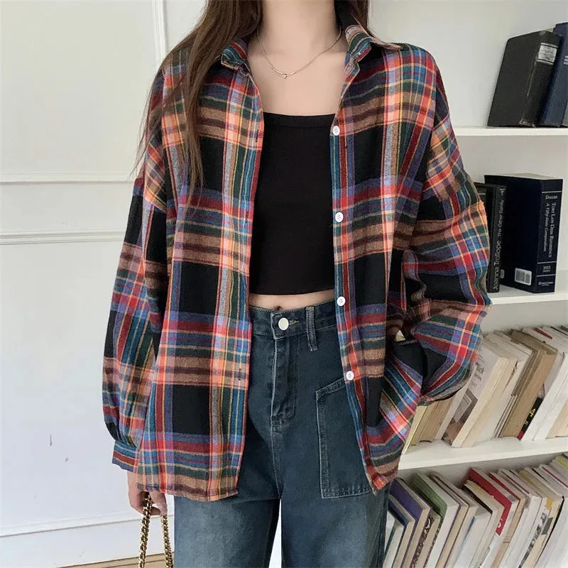 Obsidian Phoenix Women’s Plaid Shirt - Long-Sleeve Vintage Preppy Style Blouse, Single-Breasted and Loose Fit