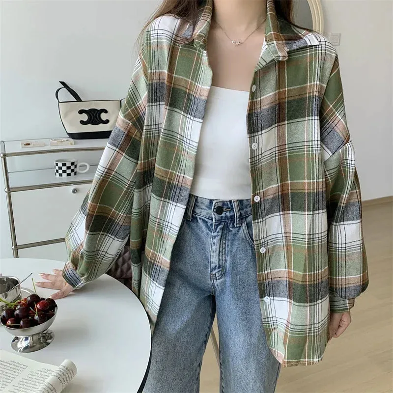 Obsidian Phoenix Women’s Plaid Shirt - Long-Sleeve Vintage Preppy Style Blouse, Single-Breasted and Loose Fit