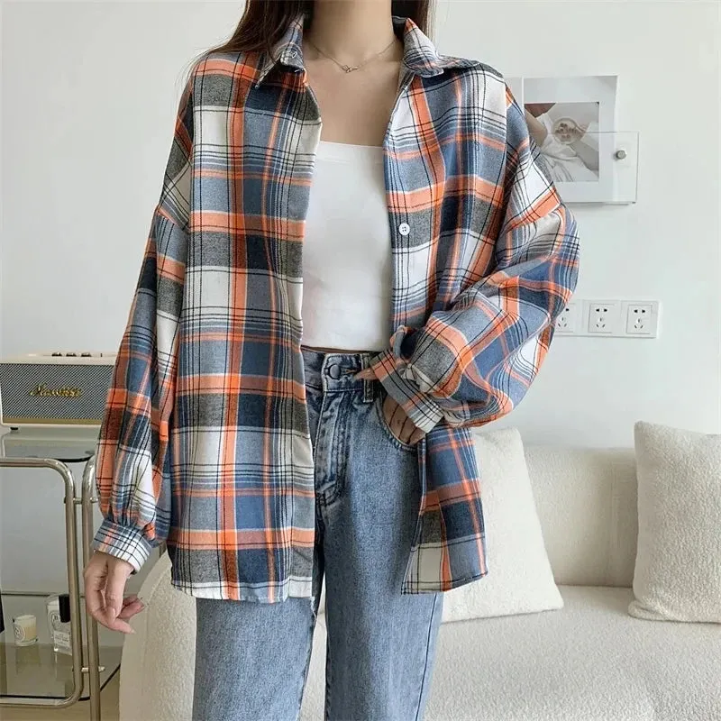 Obsidian Phoenix Women’s Plaid Shirt - Long-Sleeve Vintage Preppy Style Blouse, Single-Breasted and Loose Fit