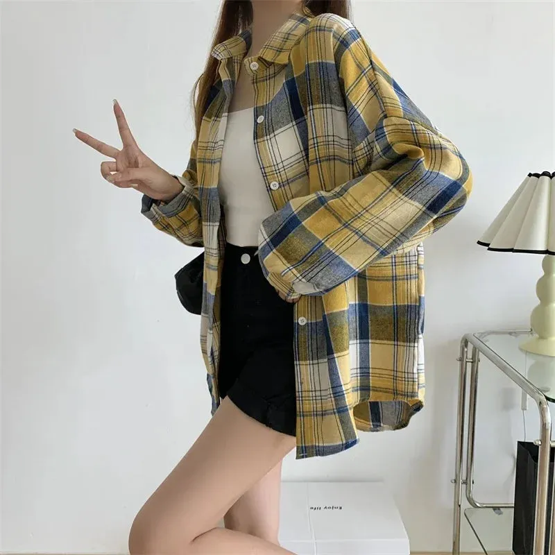 Obsidian Phoenix Women’s Plaid Shirt - Long-Sleeve Vintage Preppy Style Blouse, Single-Breasted and Loose Fit