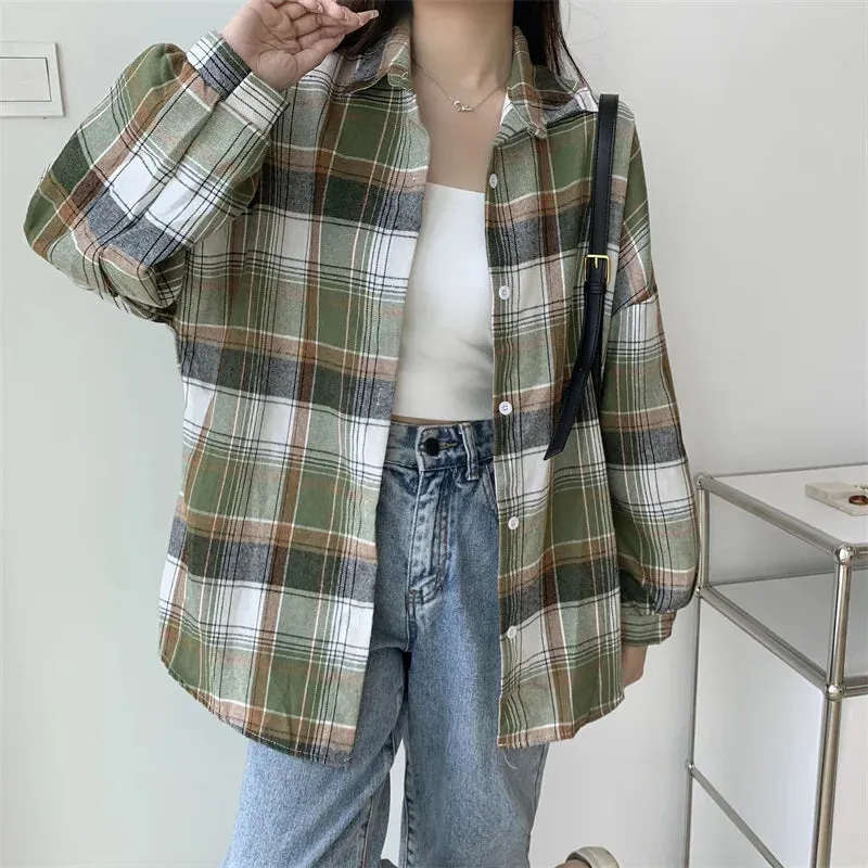 Obsidian Phoenix Women’s Plaid Shirt - Long-Sleeve Vintage Preppy Style Blouse, Single-Breasted and Loose Fit