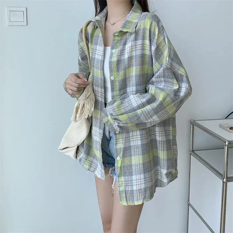 Obsidian Phoenix Women’s Plaid Shirt - Long-Sleeve Vintage Preppy Style Blouse, Single-Breasted and Loose Fit