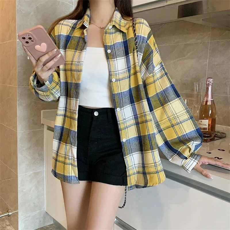 Obsidian Phoenix Women’s Plaid Shirt - Long-Sleeve Vintage Preppy Style Blouse, Single-Breasted and Loose Fit