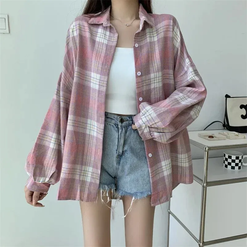 Obsidian Phoenix Women’s Plaid Shirt - Long-Sleeve Vintage Preppy Style Blouse, Single-Breasted and Loose Fit