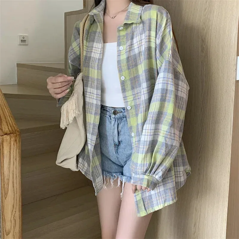 Obsidian Phoenix Women’s Plaid Shirt - Long-Sleeve Vintage Preppy Style Blouse, Single-Breasted and Loose Fit