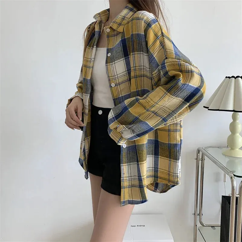 Obsidian Phoenix Women’s Plaid Shirt - Long-Sleeve Vintage Preppy Style Blouse, Single-Breasted and Loose Fit