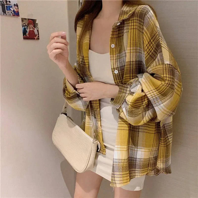 Obsidian Phoenix Women’s Plaid Shirt - Long-Sleeve Vintage Preppy Style Blouse, Single-Breasted and Loose Fit