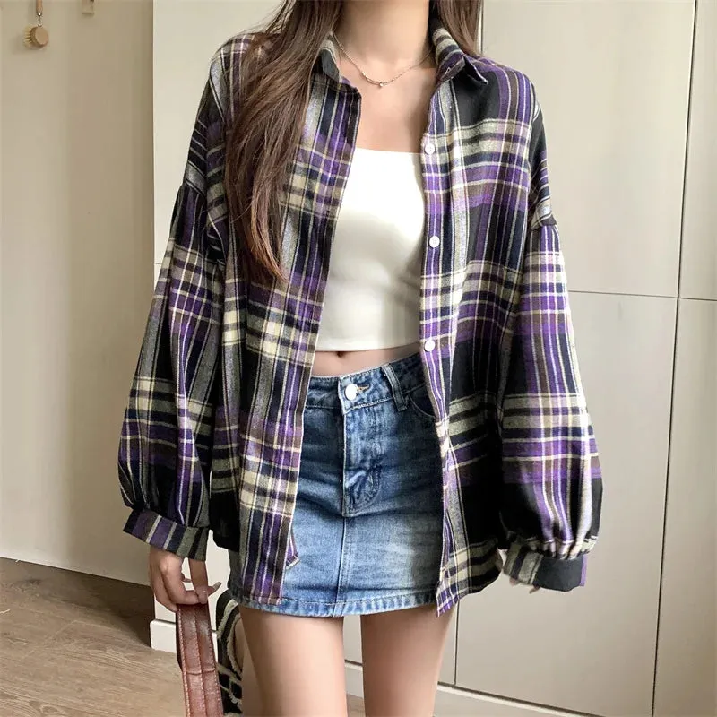 Obsidian Phoenix Women’s Plaid Shirt - Long-Sleeve Vintage Preppy Style Blouse, Single-Breasted and Loose Fit
