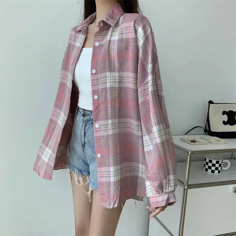 Obsidian Phoenix Women’s Plaid Shirt - Long-Sleeve Vintage Preppy Style Blouse, Single-Breasted and Loose Fit